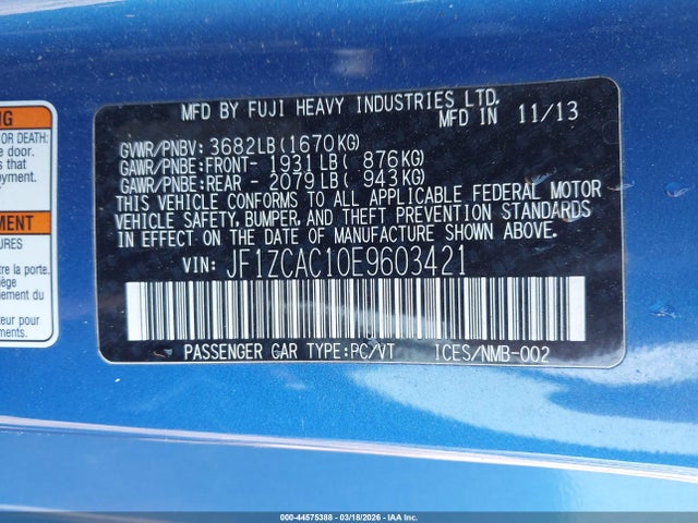 44575388 :رقم المزاد ، JF1ZCAC10E9603421 vin ، 2014 Subaru Brz Limited مزاد بيع