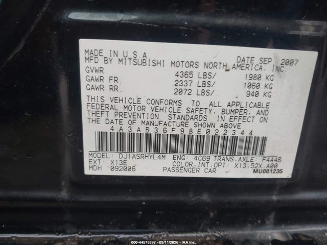 Продаж на аукціоні авто 2008 Mitsubishi Galant Es, vin: 4A3AB36F98E022344, номер лоту: 44575397