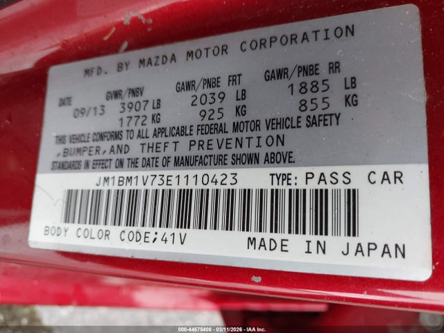 44575408 :رقم المزاد ، JM1BM1V73E1110423 vin ، 2014 Mazda Mazda3 I Touring مزاد بيع