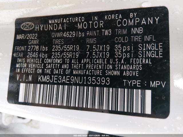 Продаж на аукціоні авто 2022 Hyundai Tucson Limited, vin: KM8JE3AE9NU135393, номер лоту: 44575439