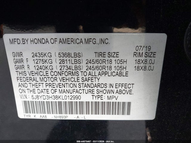 Продажа на аукционе авто 2019 Acura Mdx Standard, vin: 5J8YD3H38KL012990, номер лота: 44575467