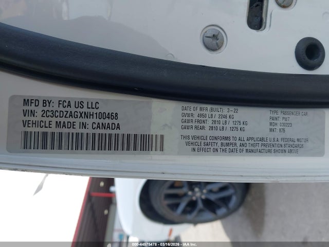 Продажа на аукционе авто 2022 Dodge Challenger Sxt, vin: 2C3CDZAGXNH100468, номер лота: 44575478