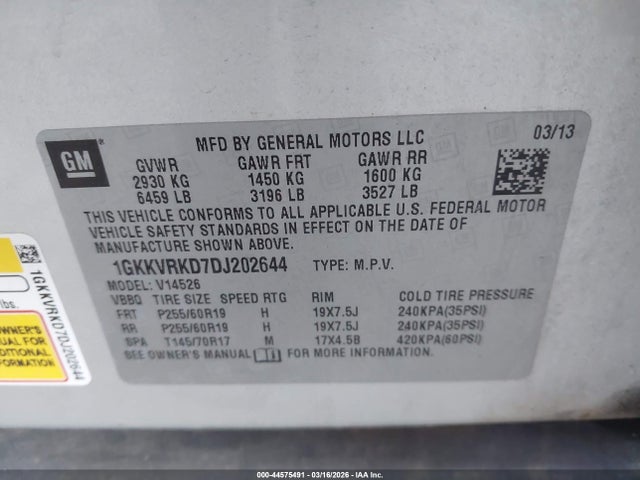 44575491 :رقم المزاد ، 1GKKVRKD7DJ202644 vin ، 2013 Gmc Acadia Slt-1 مزاد بيع