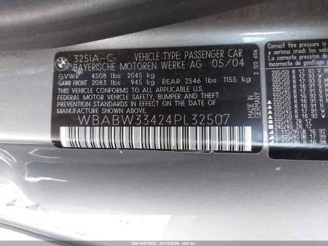 Продажа на аукционе авто 2004 Bmw 325ci, vin: WBABW33424PL32507, номер лота: 44575532