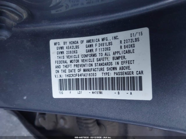Honda Accord Ex-l V-6 2015 1HGCR3F84FA016353 Image 9