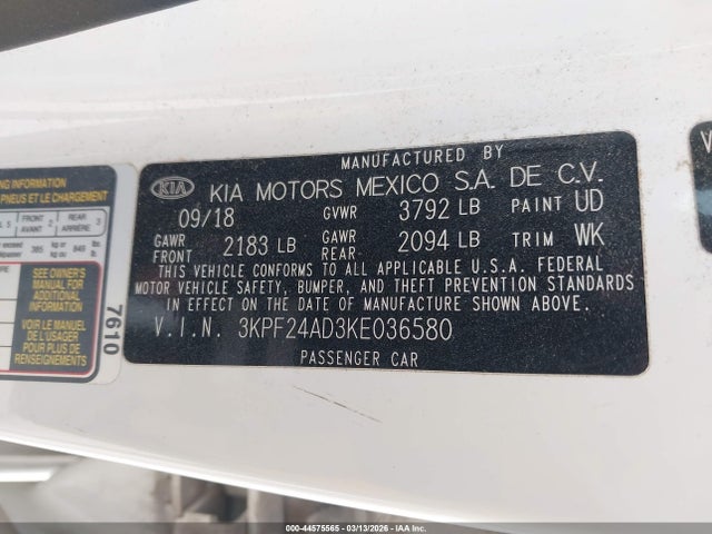 Продажа на аукционе авто 2019 Kia Forte Lxs, vin: 3KPF24AD3KE036580, номер лота: 44575565