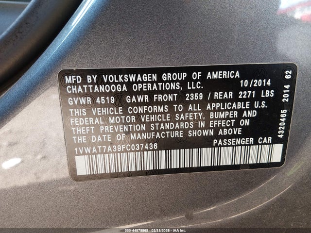 2015 Volkswagen Passat 1.8t Wolfsburg Edition მანქანა იყიდება აუქციონზე, vin: 1VWAT7A39FC037436, აუქციონის ნომერი: 44575568