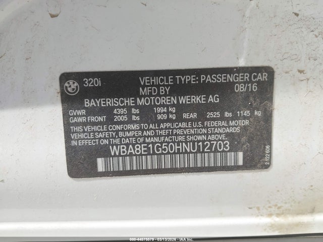 Auction sale of the 2017 Bmw 320i, vin: WBA8E1G50HNU12703, lot number: 44575579