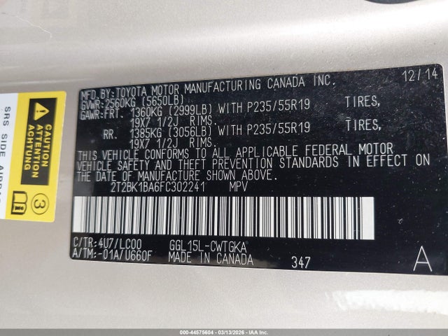 44575604 :رقم المزاد ، 2T2BK1BA6FC302241 vin ، 2015 Lexus Rx 350 مزاد بيع