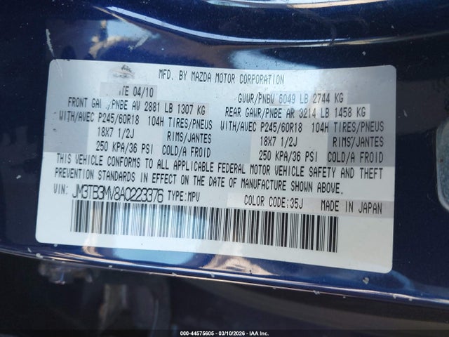 44575605 :رقم المزاد ، JM3TB3MV8A0223376 vin ، 2010 Mazda Cx-9 Touring مزاد بيع