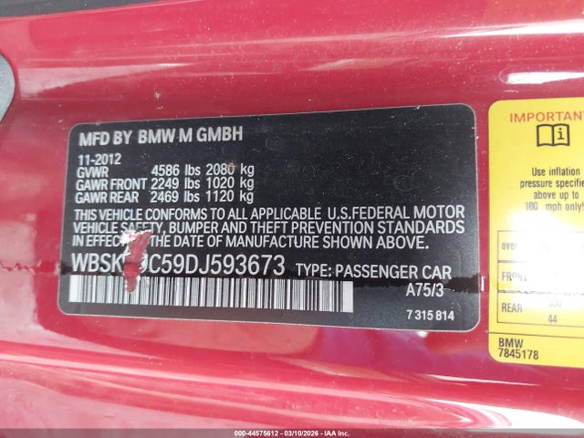 44575612 :رقم المزاد ، WBSKG9C59DJ593673 vin ، 2013 Bmw M3 مزاد بيع