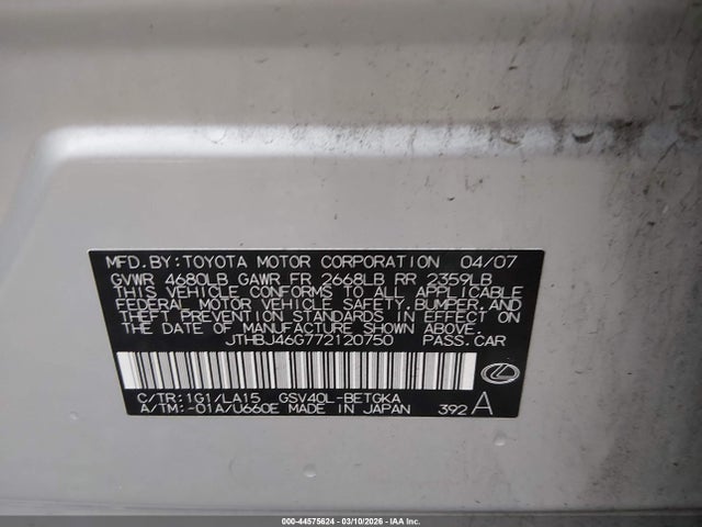 Aukcja sprzedaży 2007 Lexus Es 350, vin: JTHBJ46G772120750, numer aukcji: 44575624