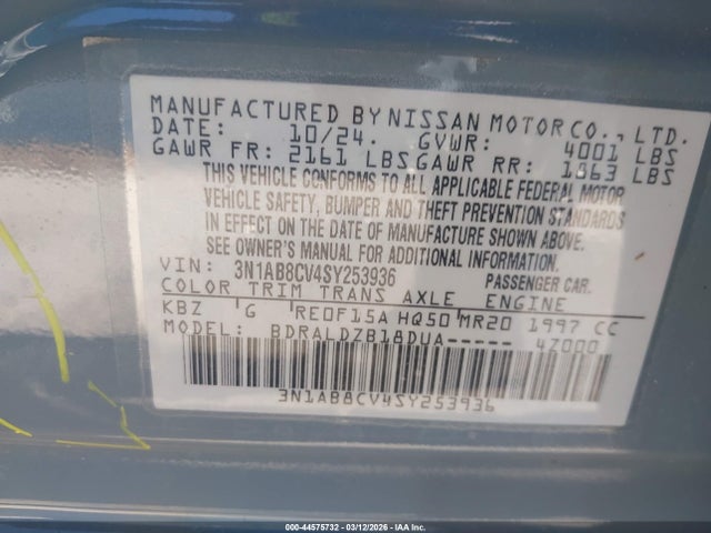 Aukcja sprzedaży 2025 Nissan Sentra Sv, vin: 3N1AB8CV4SY253936, numer aukcji: 44575732