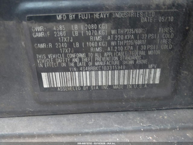 Aukcja sprzedaży 2011 Subaru Outback 2.5i Limited, vin: 4S4BRBKC1B3315940, numer aukcji: 44575752
