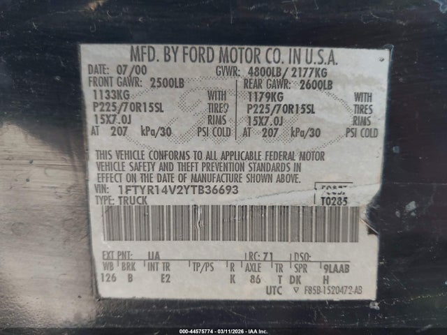 Auction sale of the 2000 Ford Ranger Xl/xlt, vin: 1FTYR14V2YTB36693, lot number: 44575774