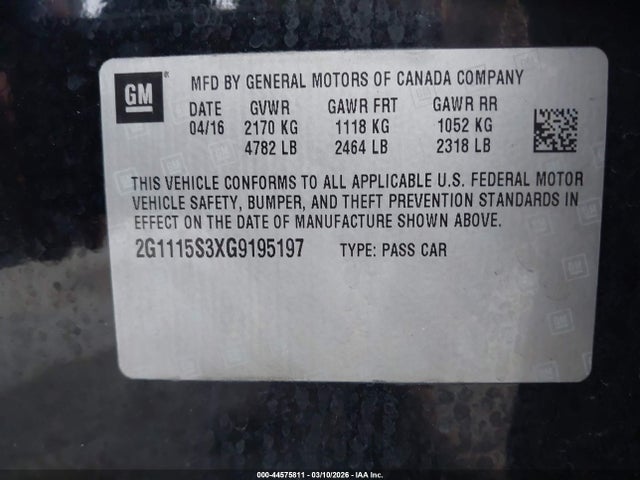 Aukcja sprzedaży 2016 Chevrolet Impala 2lt, vin: 2G1115S3XG9195197, numer aukcji: 44575811