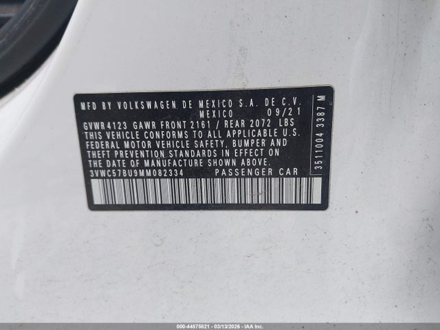 44575821 :رقم المزاد ، 3VWC57BU9MM082334 vin ، 2021 Volkswagen Jetta 1.4t R-line/1.4t S/1.4t Se مزاد بيع