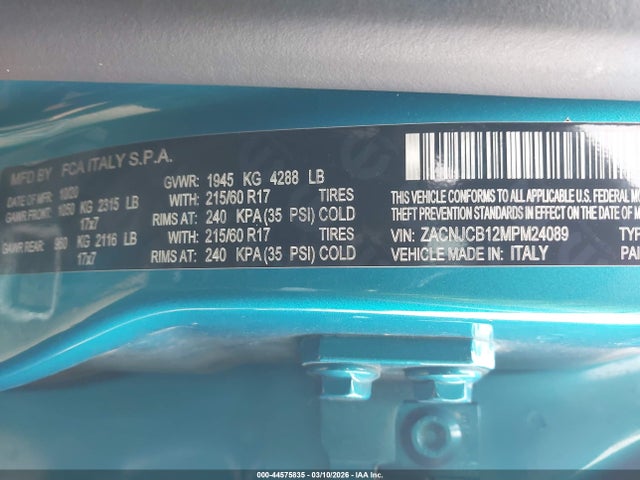 Aukcja sprzedaży 2021 Jeep Renegade Latitude Fwd, vin: ZACNJCB12MPM24089, numer aukcji: 44575835