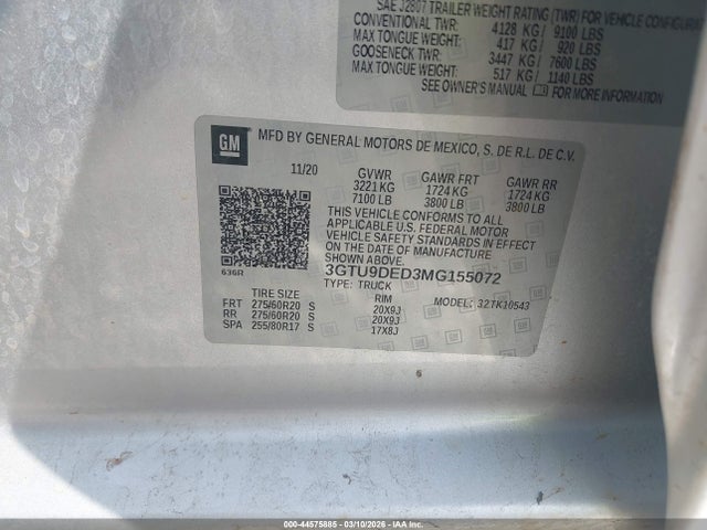 44575885 :رقم المزاد ، 3GTU9DED3MG155072 vin ، 2021 Gmc Sierra 1500 مزاد بيع