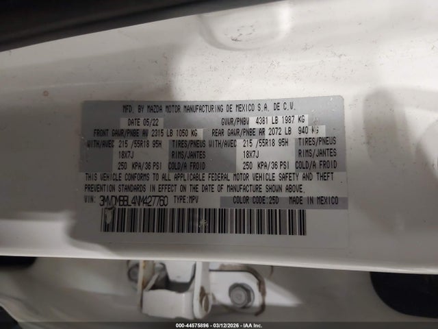 44575896 :رقم المزاد ، 3MVDMBBL4NM427760 vin ، 2022 Mazda Cx-30 Select مزاد بيع