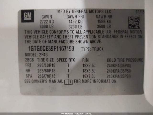 Aukcja sprzedaży 2015 Gmc Canyon Slt, vin: 1GTG6CE39F1167199, numer aukcji: 44575905
