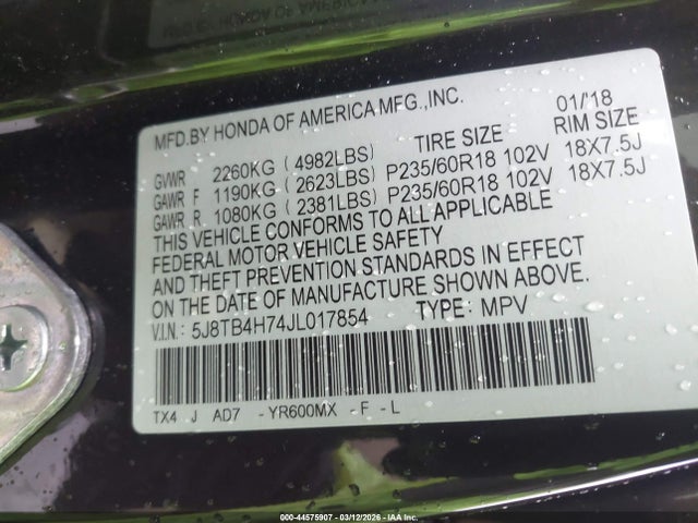 Auction sale of the 2018 Acura Rdx Advance Package, vin: 5J8TB4H74JL017854, lot number: 44575907