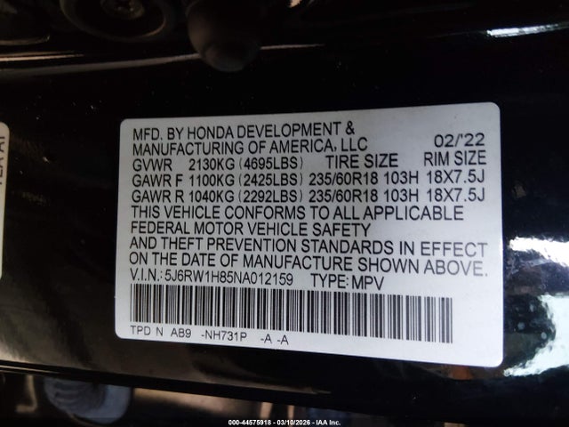 5J6RW1H85NA012159 Honda Cr-v 2wd Ex-l
