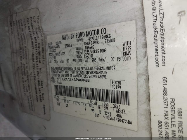 Aukcja sprzedaży 2010 Ford Ranger Xl, vin: 1FTKR1AEXAPA60486, numer aukcji: 44575989
