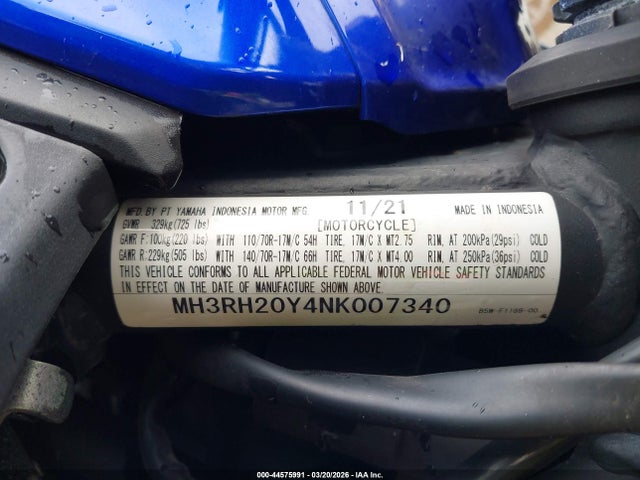 44575991 :رقم المزاد ، MH3RH20Y4NK007340 vin ، 2022 Yamaha Mt-03 مزاد بيع