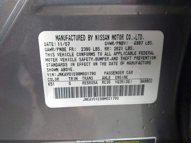 Auction sale of the 2008 Infiniti M35, vin: JNKAY01E98M601790, lot number: 44576105