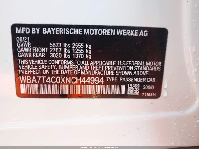 Продажа на аукционе авто 2022 Bmw 740 I Xdrive, vin: WBA7T4C0XNCH44994, номер лота: 44576122