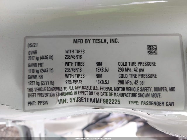5YJ3E1EA4MF982225 Tesla Model 3 Standard Range Plus Rear-wheel Drive