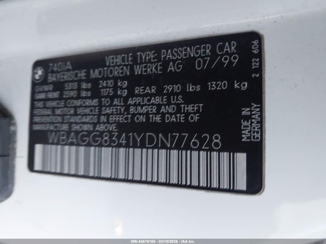 Aukcja sprzedaży 2000 Bmw 740ia, vin: WBAGG8341YDN77628, numer aukcji: 44576165