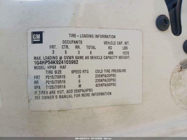Aukcja sprzedaży 2002 Buick Lesabre Custom, vin: 1G4HP54K924103982, numer aukcji: 44576174