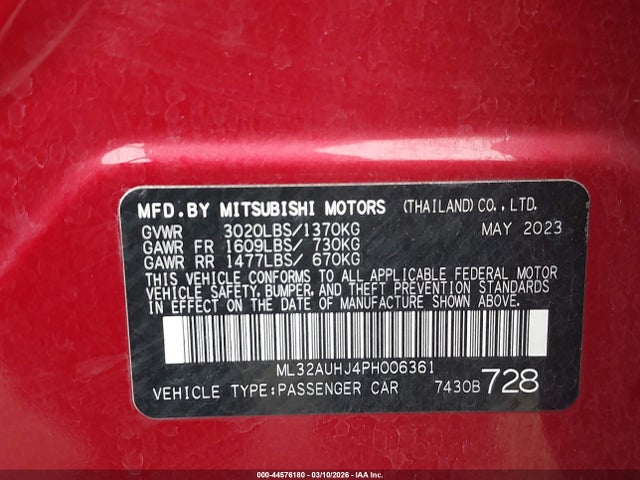 Aukcja sprzedaży 2023 Mitsubishi Mirage Es/le, vin: ML32AUHJ4PH006361, numer aukcji: 44576180