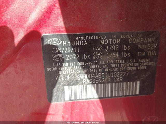 Продаж на аукціоні авто 2011 Hyundai Elantra Limited (ulsan Plant), vin: KMHDH4AE6BU102227, номер лоту: 44576186