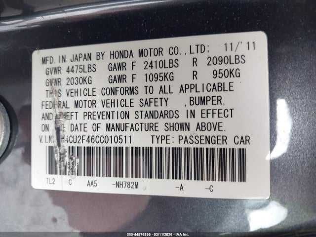 Aukcja sprzedaży 2012 Acura Tsx 2.4, vin: JH4CU2F46CC010511, numer aukcji: 44576195