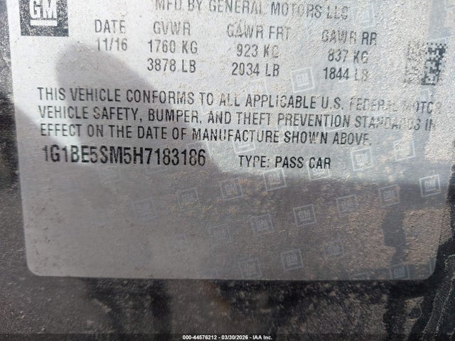 1G1BE5SM5H7183186 Chevrolet Cruze Lt Auto