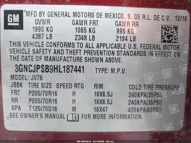 3GNCJPSB9HL187441 Chevrolet Trax Lt