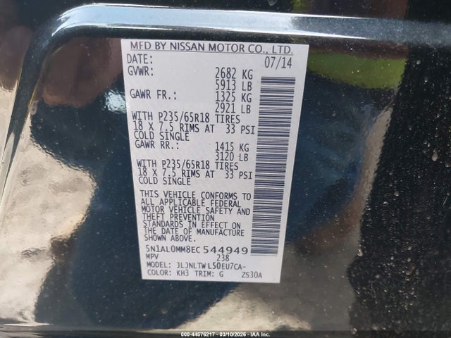 2014 Infiniti Qx60 მანქანა იყიდება აუქციონზე, vin: 5N1AL0MM8EC544949, აუქციონის ნომერი: 44576217