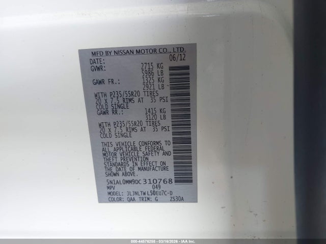 Продажа на аукционе авто 2013 Infiniti Jx35, vin: 5N1AL0MM9DC310768, номер лота: 44576258