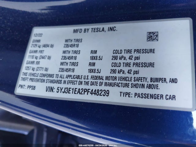 44576259 :رقم المزاد ، 5YJ3E1EA2PF448239 vin ، 2023 Tesla Model 3 Rear-wheel Drive مزاد بيع