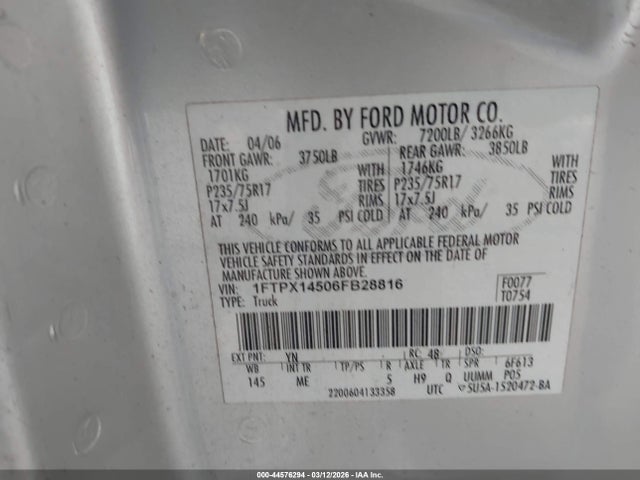 Aukcja sprzedaży 2006 Ford F-150 Fx4/lariat/xl/xlt, vin: 1FTPX14506FB28816, numer aukcji: 44576294