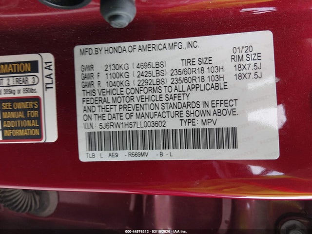 5J6RW1H57LL003602 Honda Cr-v 2wd Ex