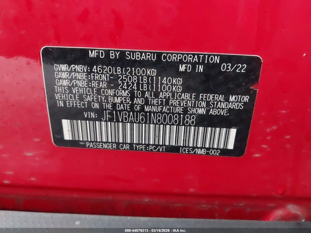 Продажа на аукционе авто 2022 Subaru Wrx Gt, vin: JF1VBAU61N8008188, номер лота: 44576313