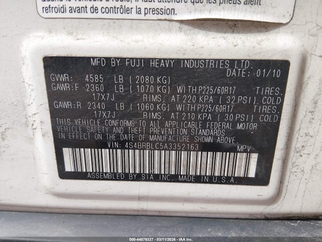 Auction sale of the 2010 Subaru Outback 2.5i Limited, vin: 4S4BRBLC5A3352163, lot number: 44576327