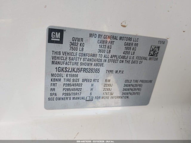 Продаж на аукціоні авто 2015 Gmc Yukon Xl 1500 Denali, vin: 1GKS2JKJ5FR528365, номер лоту: 44576358
