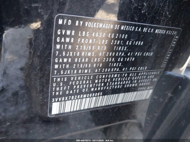 2024 Volkswagen Taos 1.5t S მანქანა იყიდება აუქციონზე, vin: 3VV8X7B26RM069065, აუქციონის ნომერი: 44576374