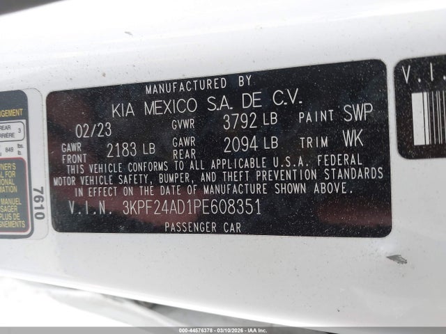 44576378 :رقم المزاد ، 3KPF24AD1PE608351 vin ، 2023 Kia Forte Lxs مزاد بيع