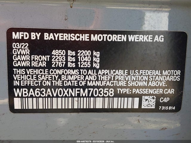 WBA63AV0XNFM70358 BMW 430i Gran Coupe